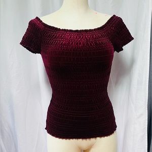 90s Y2K Smocked Velvet Burgundy Stretch Top M